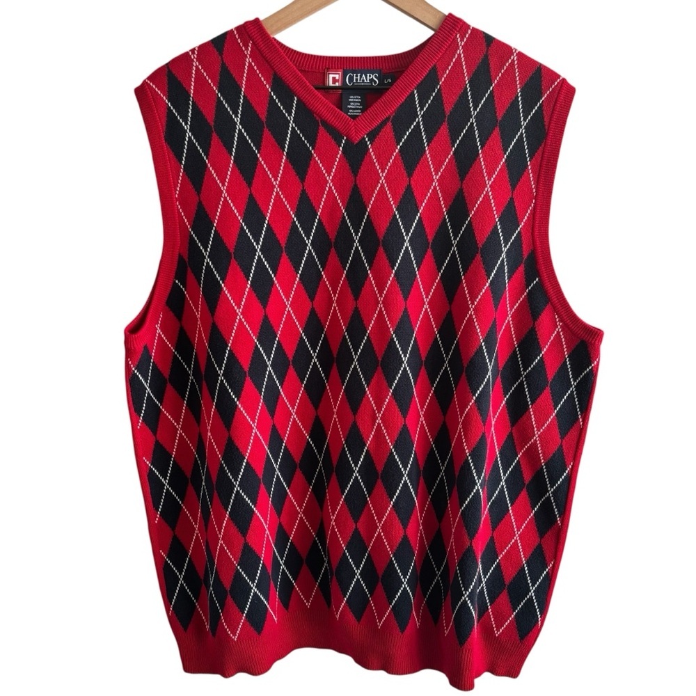 Chaps Argyle V-Neck Sweater Men's Large Red Navy Vest Preppy Classic Golf